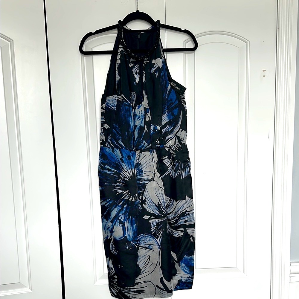 Carmen Marc Valvo Blue Gray Halter Sheath Cocktail Dress